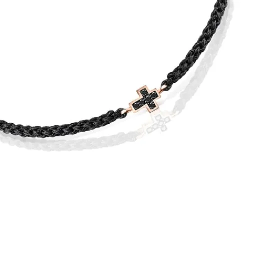 Pulsera cruz con baño de oro rosa 18 kt sobre plata, espinelas y cordón negro Motif^TOUS Discount