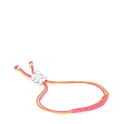 Pulsera de cordón fucsia y naranja con oso de plata Bold Bear^TOUS Discount