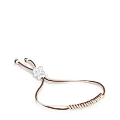 Pulsera de cordón marrón y beige con oso de plata Bold Bear^TOUS Discount