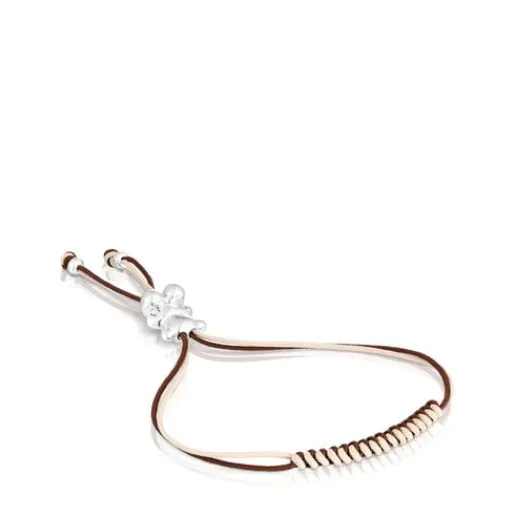 Pulsera de cordón marrón y beige con oso de plata Bold Bear^TOUS Discount