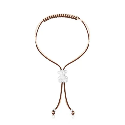 Pulsera de cordón marrón y beige con oso de plata Bold Bear^TOUS Discount