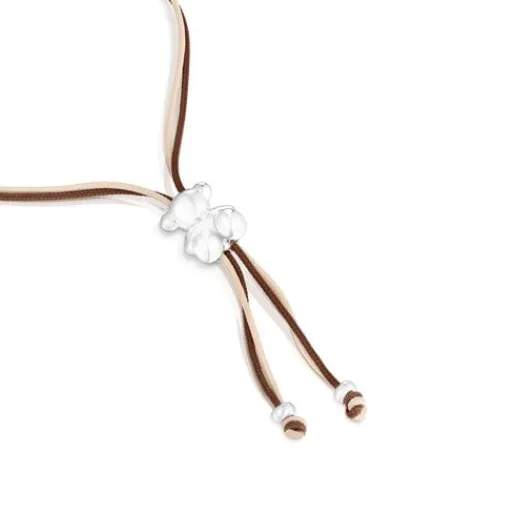 Pulsera de cordón marrón y beige con oso de plata Bold Bear^TOUS Discount