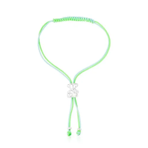 Pulsera de cordón verde y azul con oso de plata Bold Bear^TOUS Hot