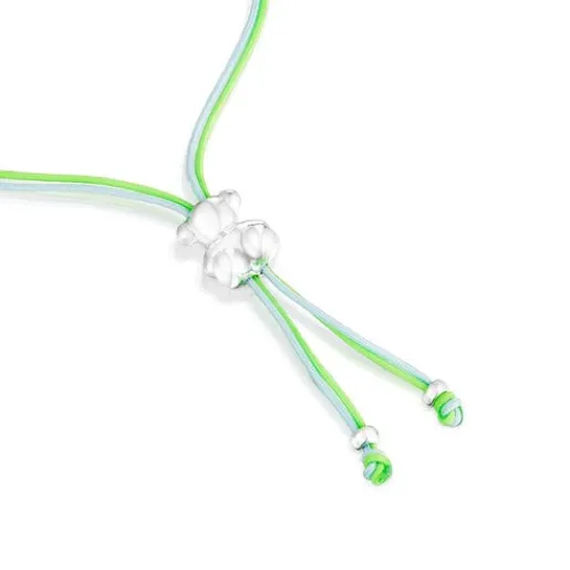 Pulsera de cordón verde y azul con oso de plata Bold Bear^TOUS Hot