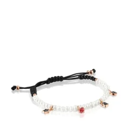 Pulsera de perlas y cordón negro con baño de oro rosa 18 kt sobre plata y gemas Motif^TOUS Hot