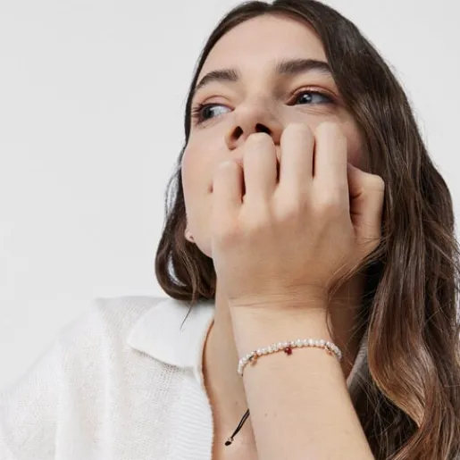 Pulsera de perlas y cordón negro con baño de oro rosa 18 kt sobre plata y gemas Motif^TOUS Hot