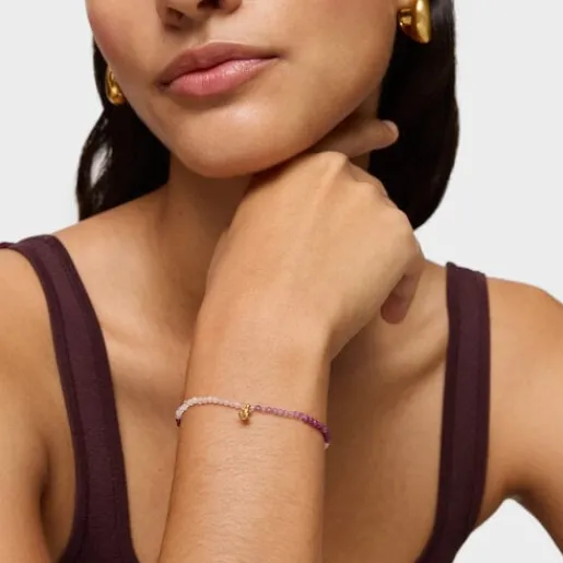 Pulsera elástica con baño de oro 18 kt sobre plata y gemas rosadas Bold Bear^TOUS Outlet