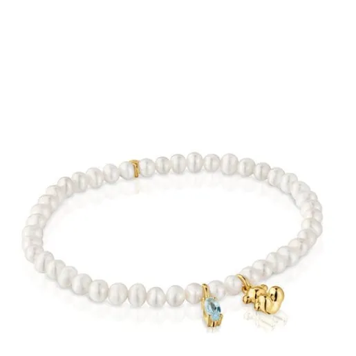 Pulsera elástica con baño de oro sobre plata, perla cultivada y topacio Bold Bear^TOUS Hot