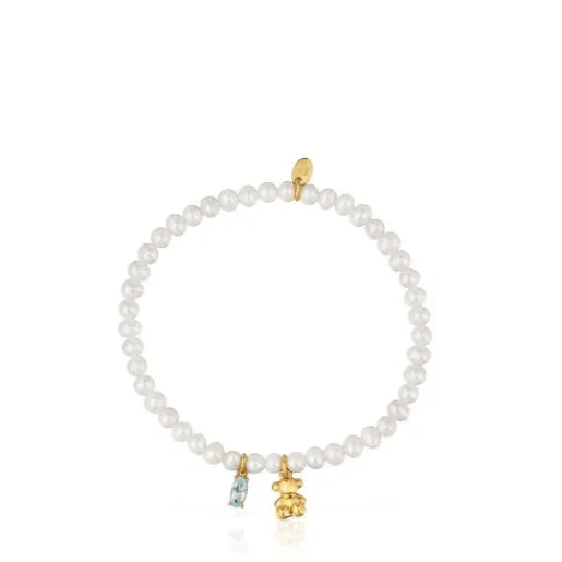 Pulsera elástica con baño de oro sobre plata, perla cultivada y topacio Bold Bear^TOUS Hot