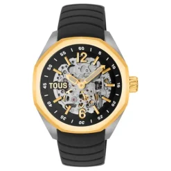 Reloj analógico automático con caja de acero IPG dorado y brazalete de silicona negra Now^TOUS Best