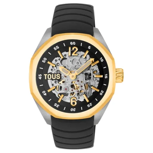 Reloj analógico automático con caja de acero IPG dorado y brazalete de silicona negra Now^TOUS Best