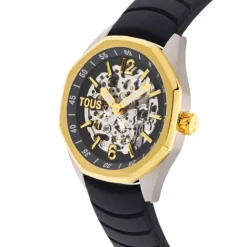 Reloj analógico automático con caja de acero IPG dorado y brazalete de silicona negra Now^TOUS Best