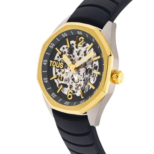 Reloj analógico automático con caja de acero IPG dorado y brazalete de silicona negra Now^TOUS Best