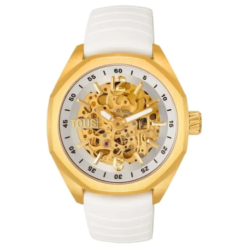 Reloj analógico automático con caja de acero IPG dorado y brazalete de silicona blanca Now^TOUS New