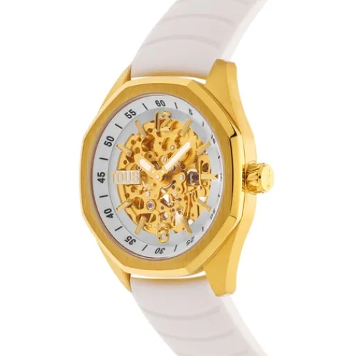 Reloj analógico automático con caja de acero IPG dorado y brazalete de silicona blanca Now^TOUS New