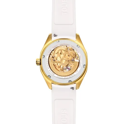 Reloj analógico automático con caja de acero IPG dorado y brazalete de silicona blanca Now^TOUS New