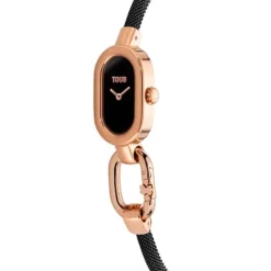 Reloj analógico con brazalete de acero IP negro y caja de acero IPRG rosado Hold Oval^TOUS Hot
