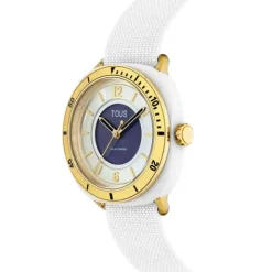 Reloj analógico de acero IPG dorado con brazalete elástico en color blanco Osier^TOUS New