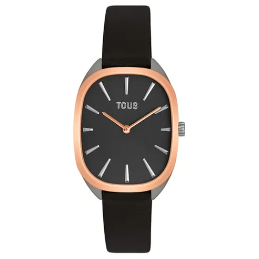 Reloj analógico de acero IPRG rosa con correa de piel negra Heritage^TOUS Best