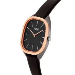Reloj analógico de acero IPRG rosa con correa de piel negra Heritage^TOUS Best