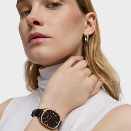 Reloj analógico de acero IPRG rosa con correa de piel negra Heritage^TOUS Best