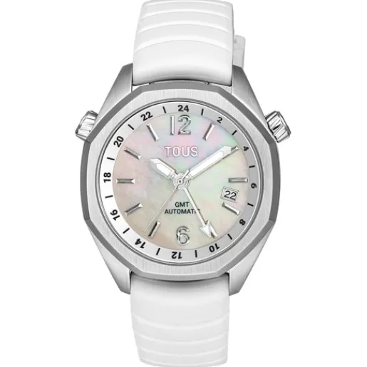 Reloj gmt automático con correa de silicona blanca, caja de acero y esfera de nácar Now^TOUS New