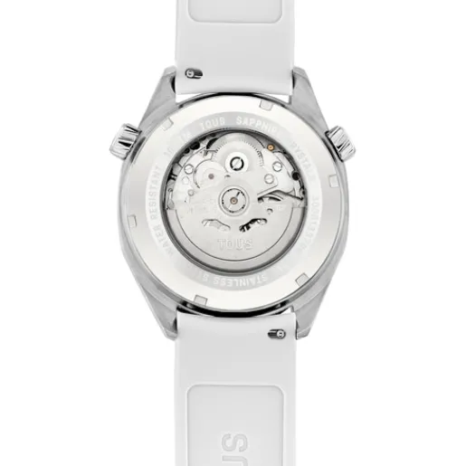 Reloj gmt automático con correa de silicona blanca, caja de acero y esfera de nácar Now^TOUS New