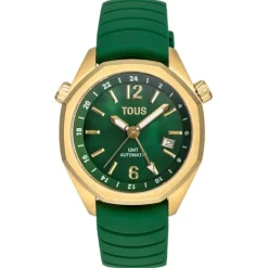 Reloj gmt automático con correa de silicona verde, caja de acero IPG dorado y esfera de nácar Now^TOUS Outlet