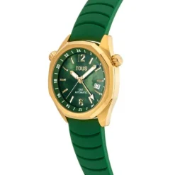 Reloj gmt automático con correa de silicona verde, caja de acero IPG dorado y esfera de nácar Now^TOUS Outlet