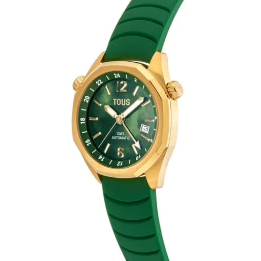 Reloj gmt automático con correa de silicona verde, caja de acero IPG dorado y esfera de nácar Now^TOUS Outlet