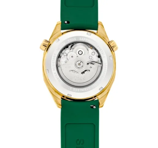 Reloj gmt automático con correa de silicona verde, caja de acero IPG dorado y esfera de nácar Now^TOUS Outlet