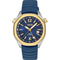Reloj gmt automático con correa de silicona azul marino, caja de acero IPG dorado y esfera de nácar Now^TOUS Best