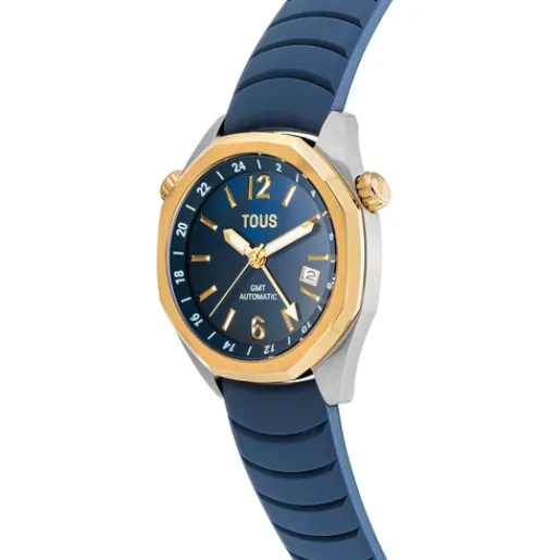 Reloj gmt automático con correa de silicona azul marino, caja de acero IPG dorado y esfera de nácar Now^TOUS Best