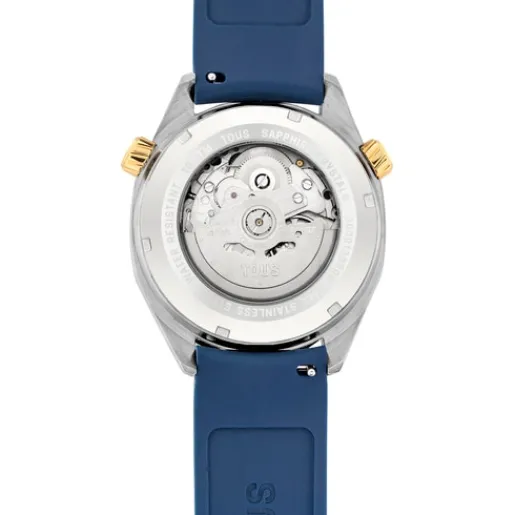 Reloj gmt automático con correa de silicona azul marino, caja de acero IPG dorado y esfera de nácar Now^TOUS Best