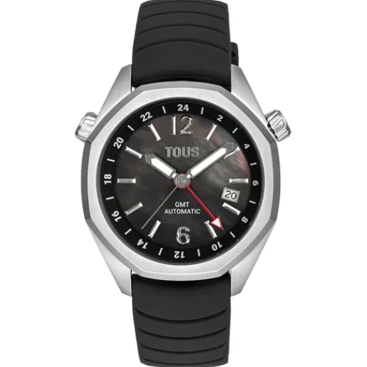 Reloj gmt automático con correa de silicona negra, caja de acero y esfera de nácar Now^TOUS Hot