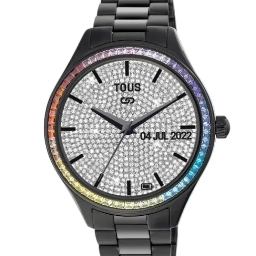 Reloj smartwatch con brazalete de acero IP Negro y zirconias rainbow T-Shine Connect^TOUS Hot