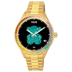 Reloj smartwatch con brazalete de acero IP dorado y zirconias rainbow T-Shine Connect^TOUS Online