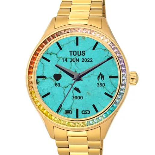 Reloj smartwatch con brazalete de acero IP dorado y zirconias rainbow T-Shine Connect^TOUS Online